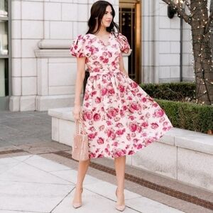 RACHEL Parcell Pink Brocade Floral Puff Sleeve Dress